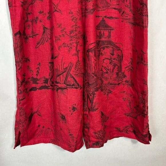 Kleen Womens Linen Wide Leg Pants L Red Asian Inspired Crop Pull On Lagenlook - Picture 6 of 8